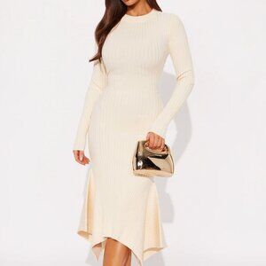 NWT Fashion Nova Cream Rare Catch Long Sleeve Ribbed Midi Dress - Size